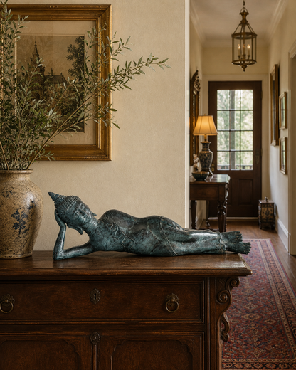 Oppervlakdetail van antiek bronzen Boeddhabeeld met natuurlijke patina en slijtage
