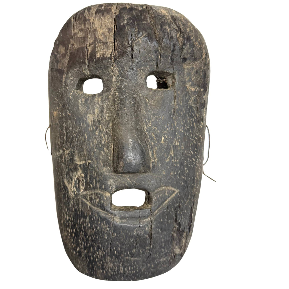 Antiek breed houten Himalaya sjamanenmasker, handgesneden ritueel masker van 26 cm met diepe donkere patina