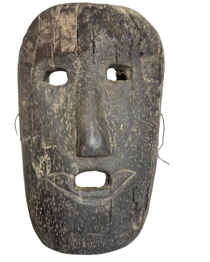 Muurdecoratie Antiek Breed Houten Sjamanenmasker – Geometrische Lipinkerving – Himalaya Regio – 26 cm