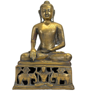 Antiek bronzen Boeddha beeld met opengewerkte olifantensokkel 34cm