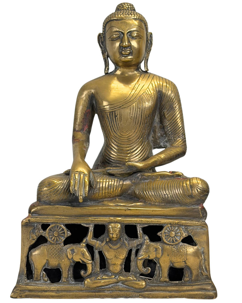 Antiek bronzen Boeddha beeld met opengewerkte olifantensokkel 34cm