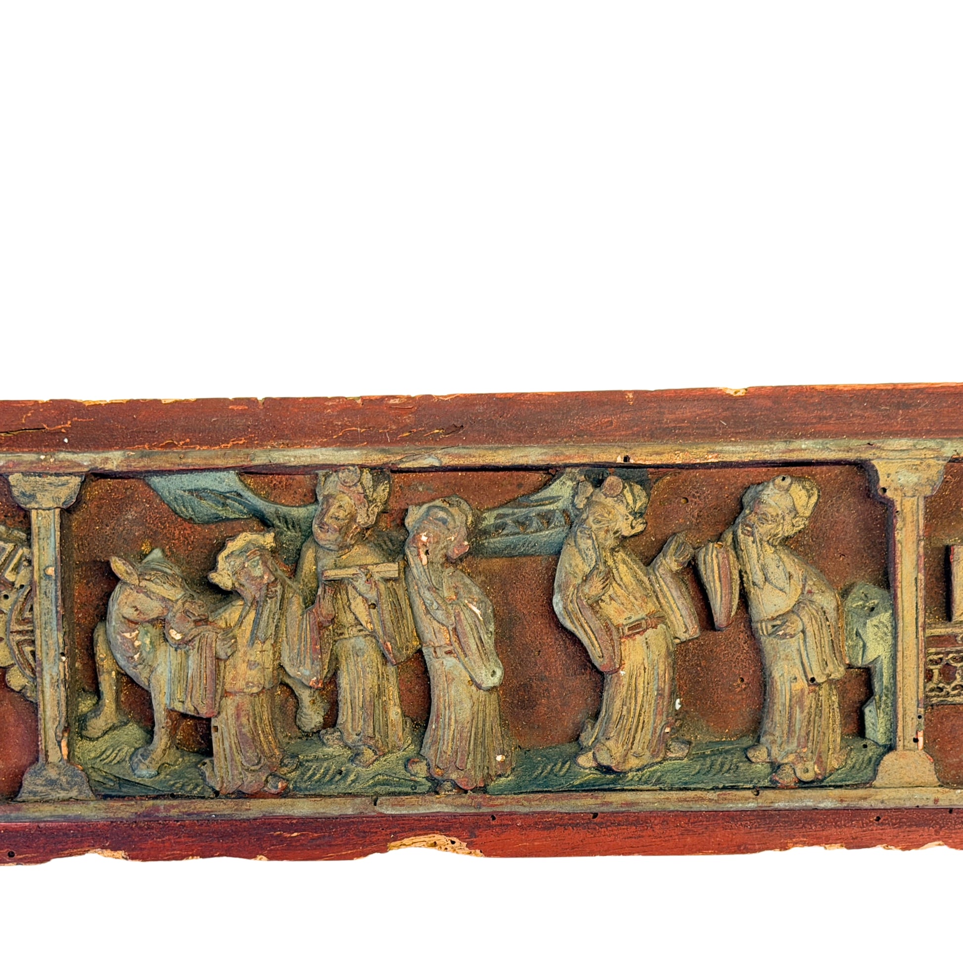 Detail van geleerde of functionaris met begeleiders in Chinees reliëfpaneel uit de late Qing