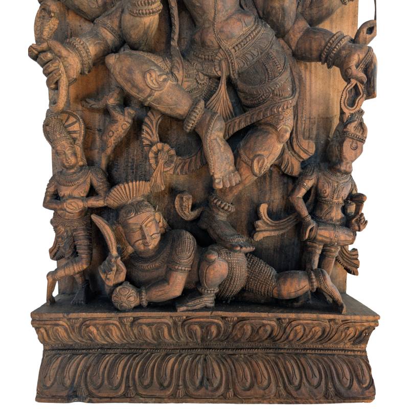 Antiek houten Durga paneel India tempelreliëf beeld