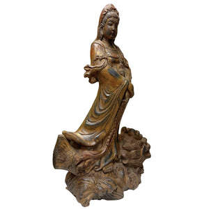 Monumentale Antieke Houten Guanyin op Draak - 81 cm - Qing Dynastie