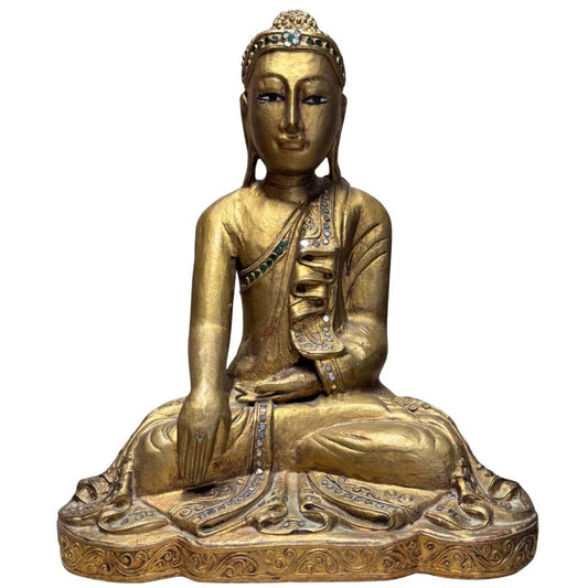 Antiek houten Mandalay Boeddha beeld Burma verguld