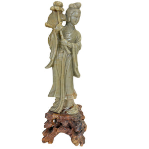 Vintage Chinees Speksteen Beeld – Hemelse Dame met Lotus (He Xiangu)