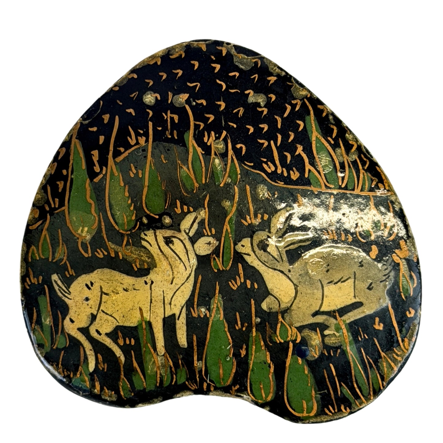 Antiek Kashmir lakwerk doosje met florale ornamentiek en hertendecor