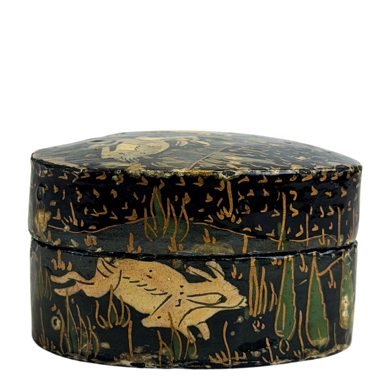 Antiek hartvormig Kashmir papier-mâché lakdoosje met handbeschilderd hertendecor