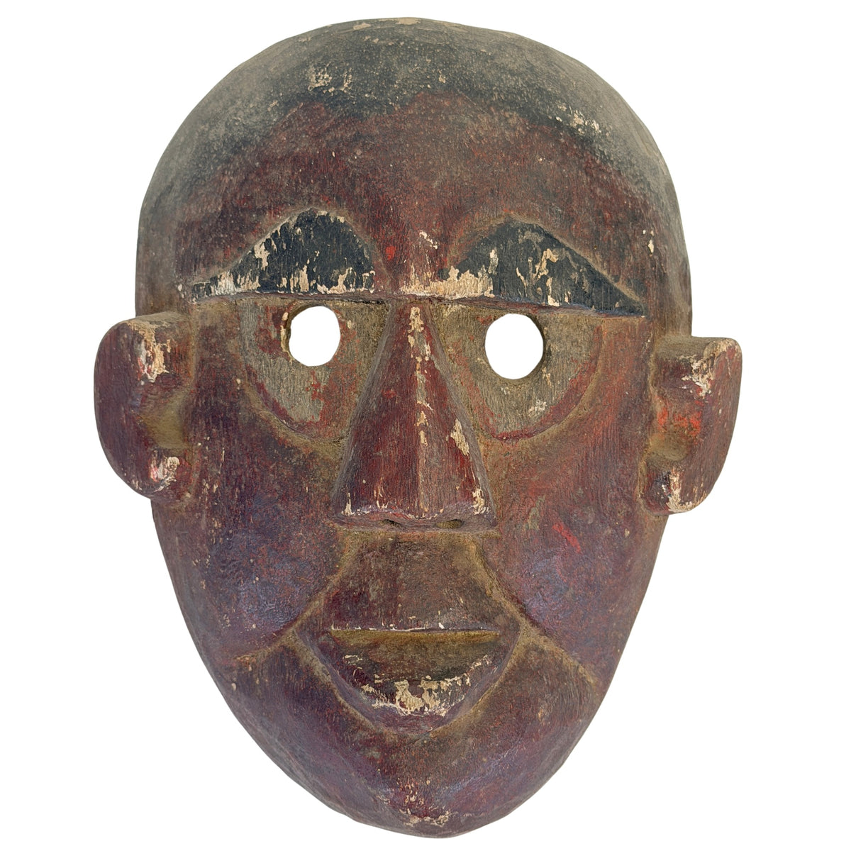 Antiek Nepalees beschilderd sjamanenmasker uit de Middle Hills met rood zwart en wit pigment