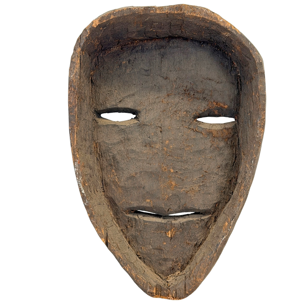 Achterzijde van antiek Nepalees sjamanenmasker met diep uitgeholde binnenzijde