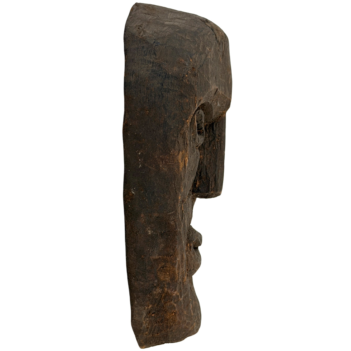 Zijaanzicht van antiek Nepalees houten sjamanenmasker uit de Middle Hills