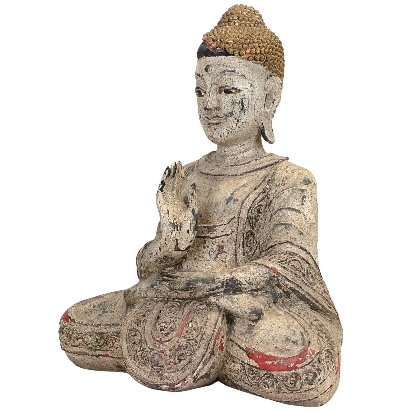 Detail van de elegant opgeheven rechterhand in de Vitarka mudra van onderwijzing en spirituele discussie