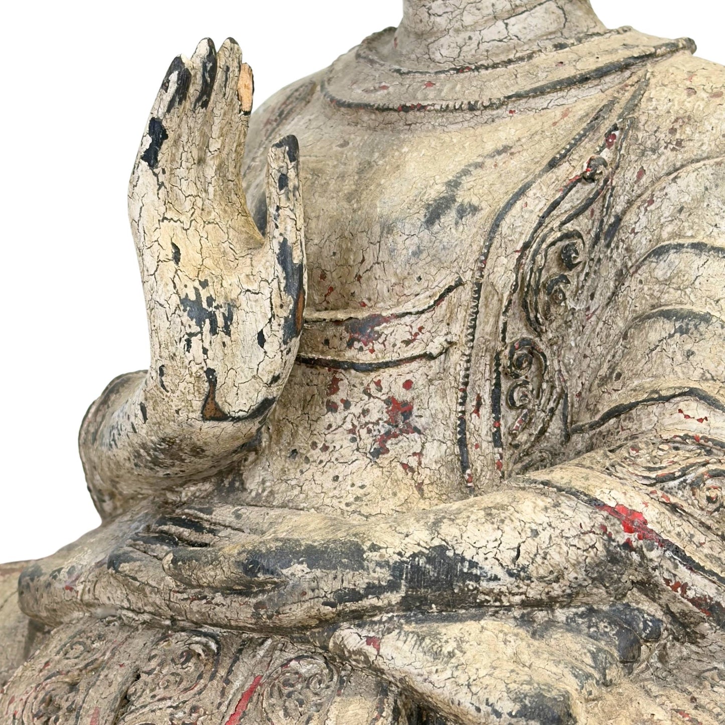 Close up van de discreet geconsolideerde rechterhand met behoud van de historische teakhouten structuur