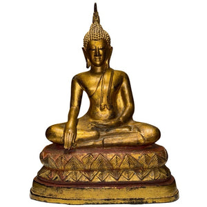 Antiek Thai Rattanakosin Boeddha Beeld – 19e Eeuw – Zwaar Brons met Oude Vergulding