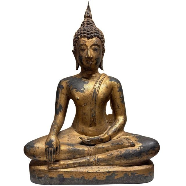 Antiek Thais Boeddha beeld in brons met resten van vergulding
