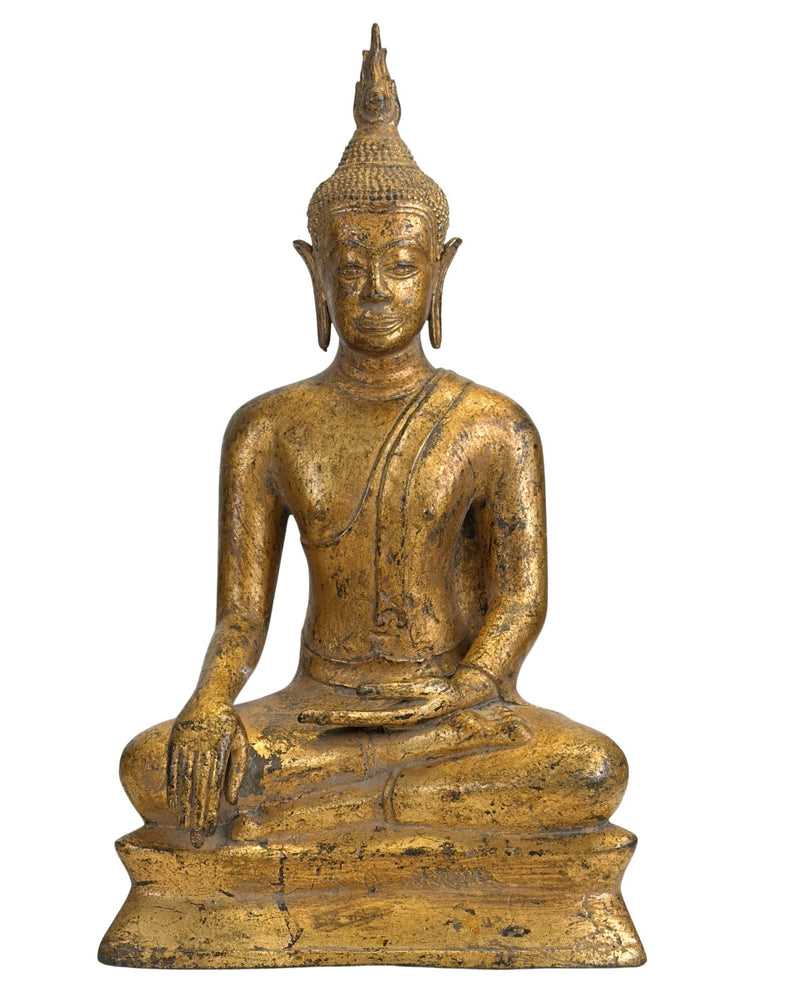 Antiek Thais Boeddhabeeld in Bhumisparsha Mudra - 18e/19e Eeuwse Rattanakosin-stijl - Gilded Brons