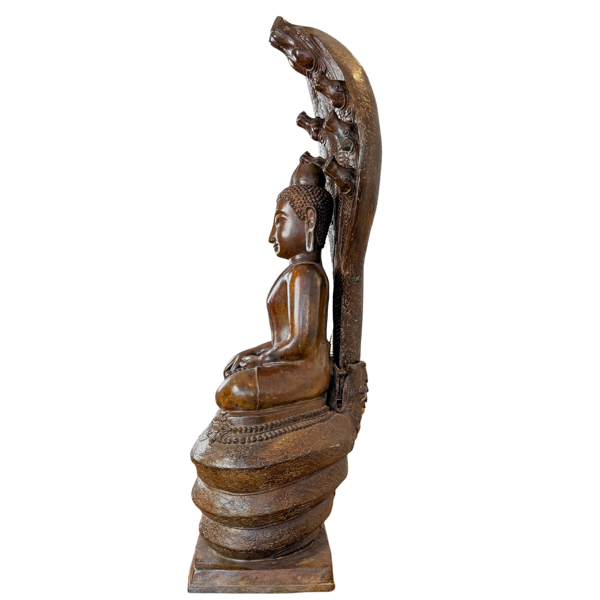 Kaarsrecht profielaanzicht van een groot antiek Thais bronzen Boeddhabeeld van 122 cm hoog, zittend op de slangenlussen van Mucalinda met het slangenkopscherm gemonteerd