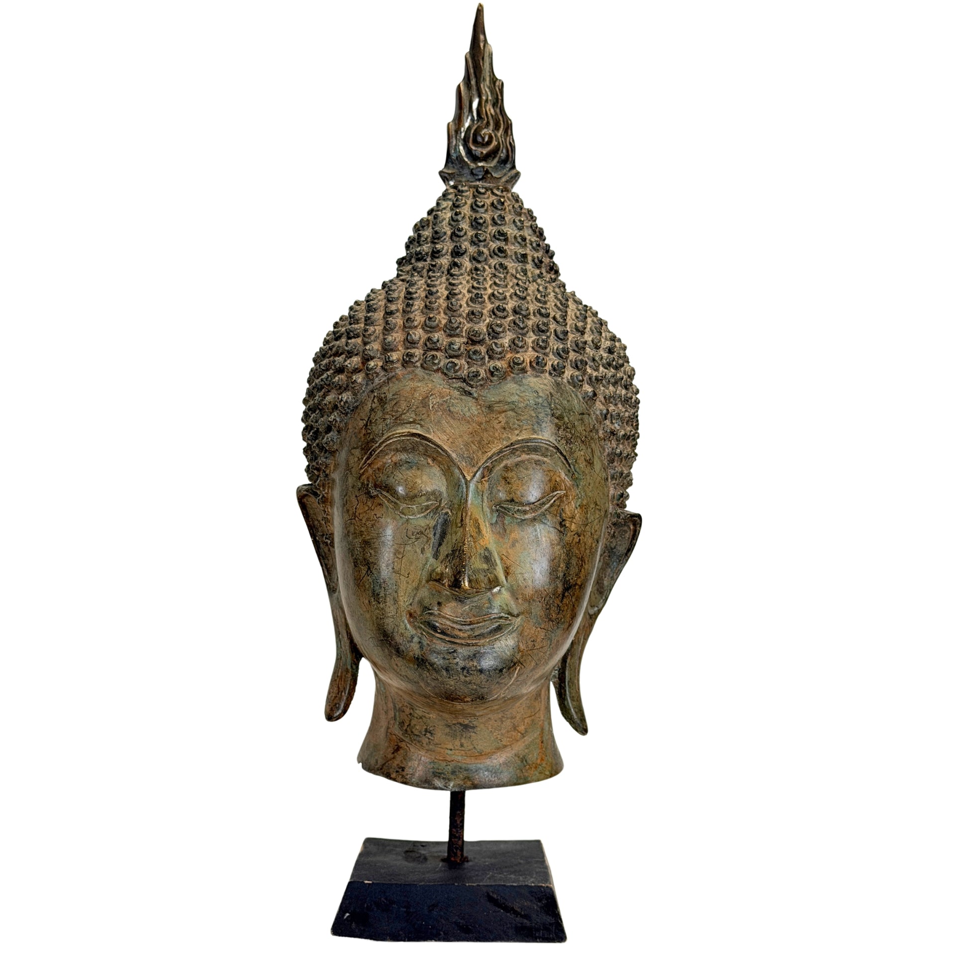 Antiek Thais bronzen Boeddhahoofd uit de 19e eeuw op museumstandaard