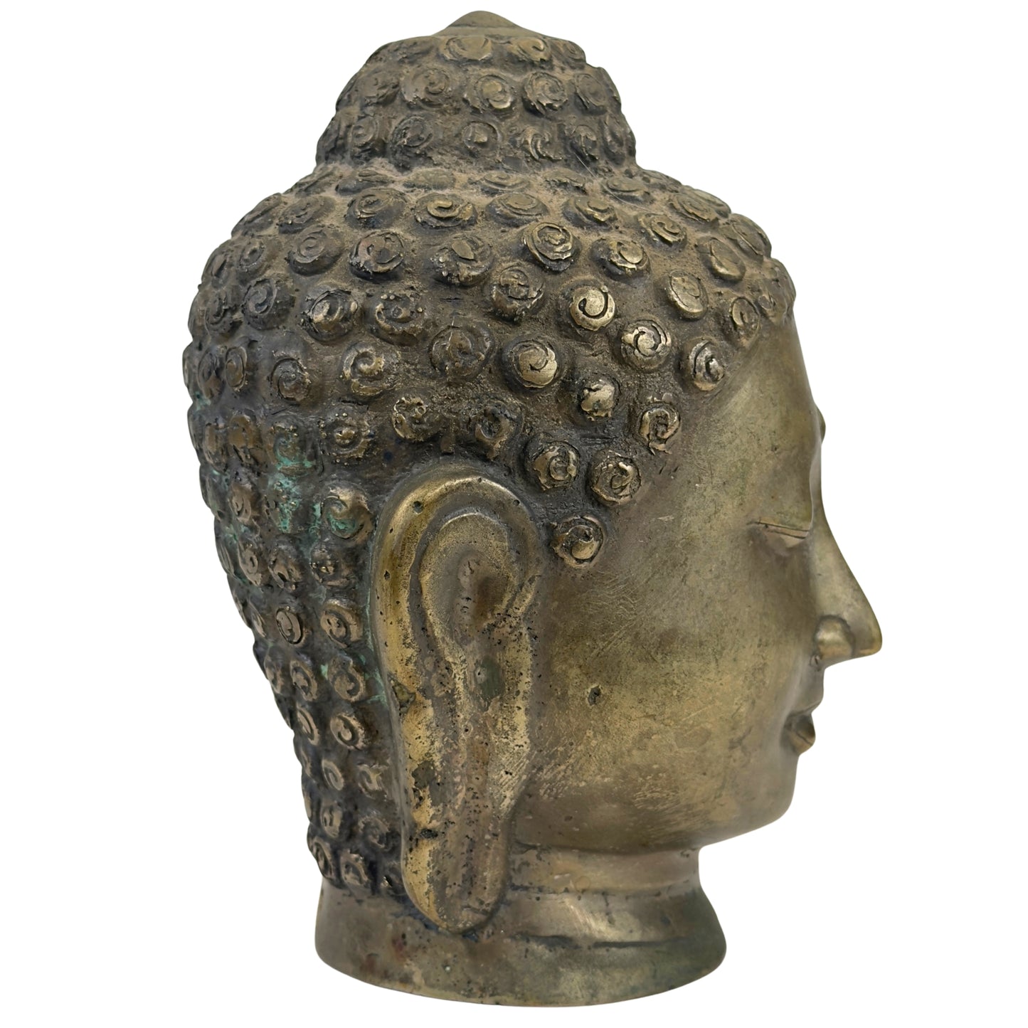 Linkerprofiel van een antiek Thais bronzen Boeddhahoofd met oude patina en handgegraveerde details.