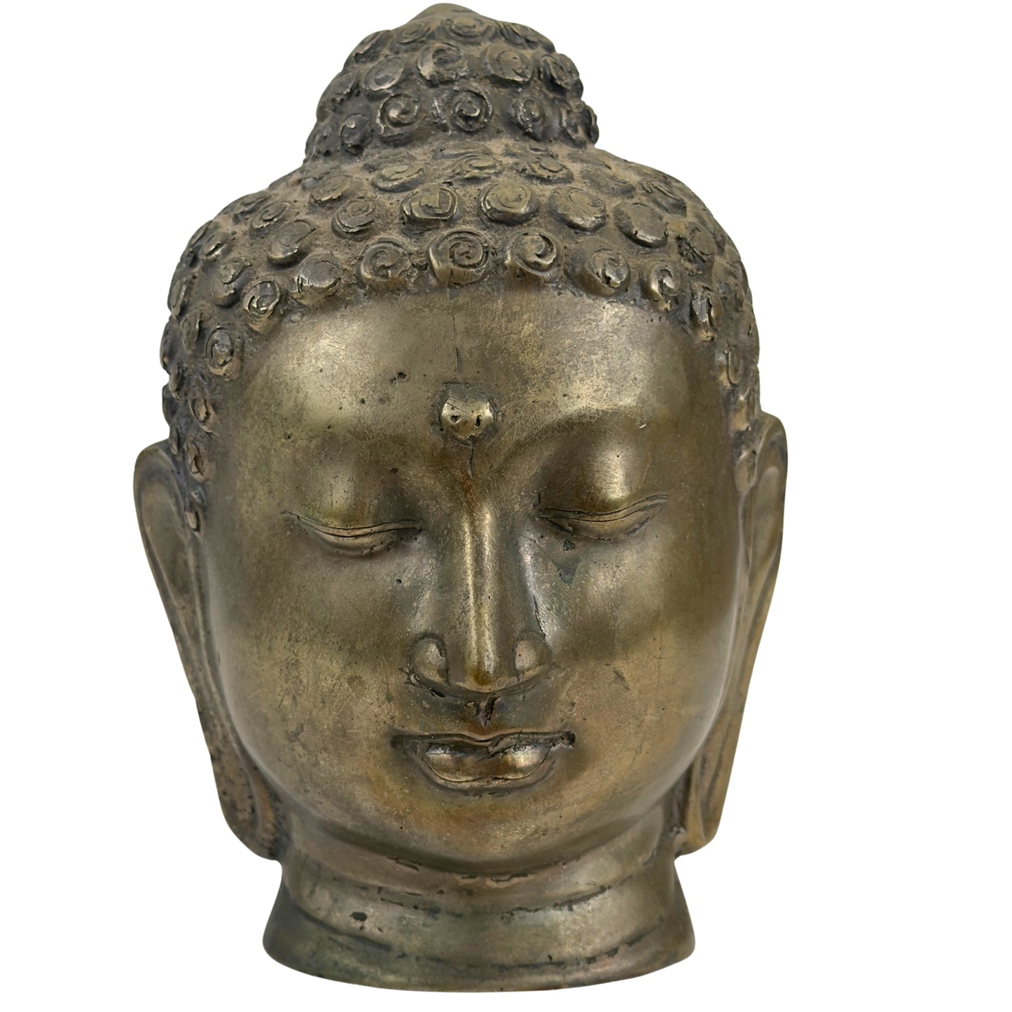Antiek Thais bronzen Boeddhahoofd in Sukhothai-stijl uit circa 1900 met oude patina, vooraanzicht.