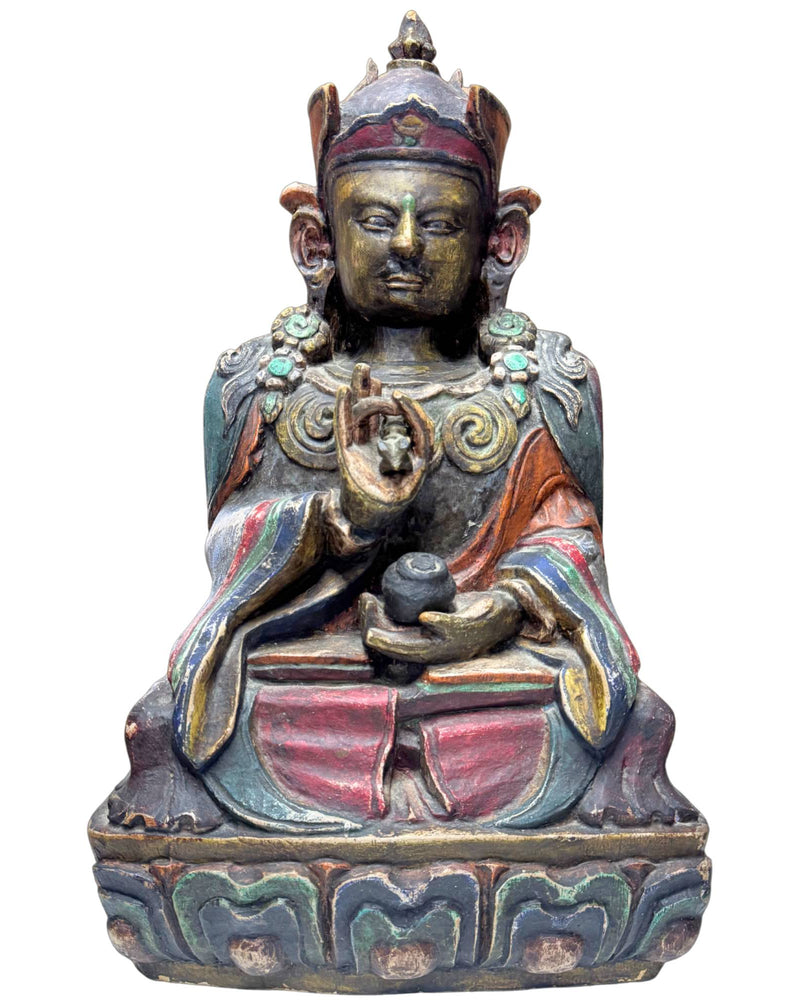 Zeldzame 17e-eeuwse Karma Pakshi (2e Karmapa) – Museaal Polychroom Houten Beeld – 44 cm – Consecratie Intact