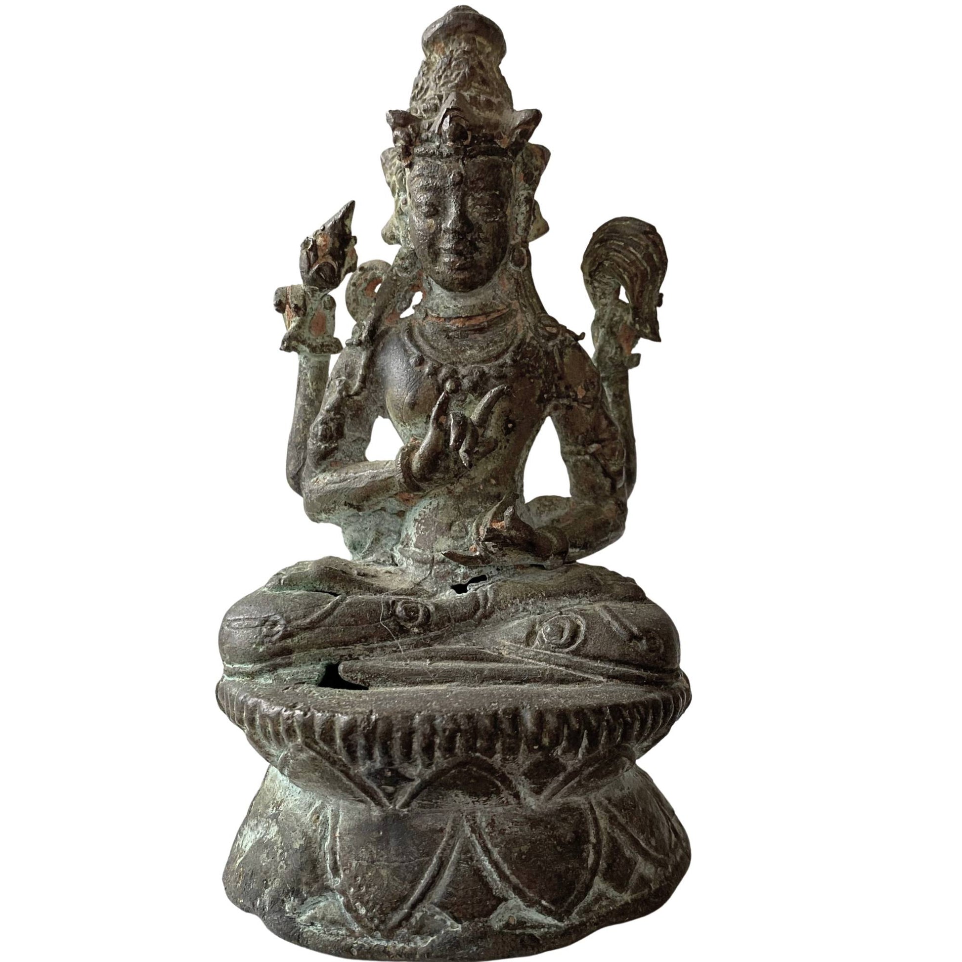 Antiek Tibetaans bronzen Avalokiteshvara beeld met vier armen en Anjali Mudra handgebaar