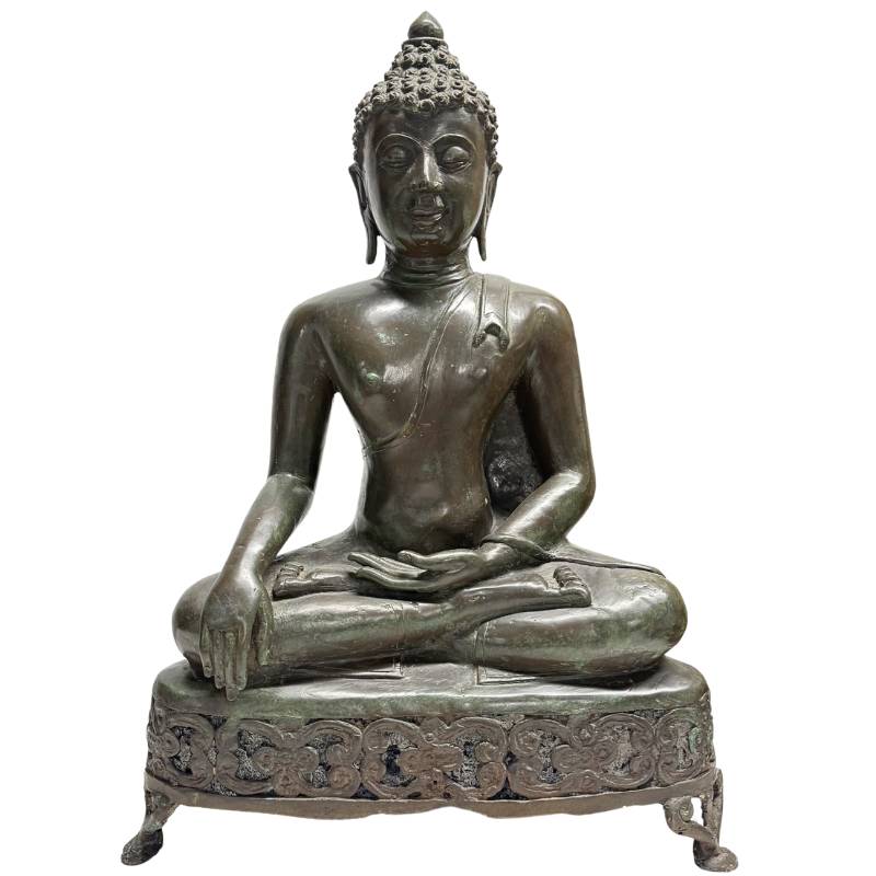 Monumentale 19e-Eeuwse Bronsgegoten Boeddha Shakyamuni op Opengewerkte Altaartroon – Lan Na / Tibetaanse Stijl (52 cm)