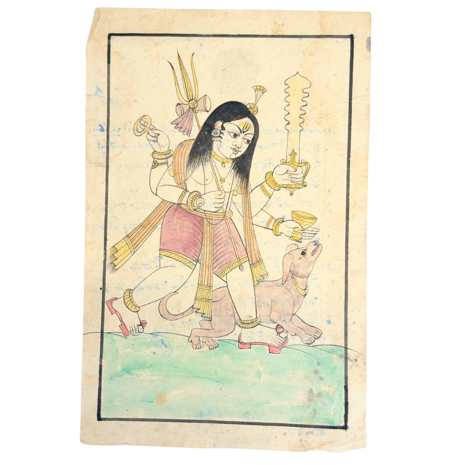 Antieke Bhairava miniatuurschildering op historisch Kotah State zegelpapier uit Rajasthan India