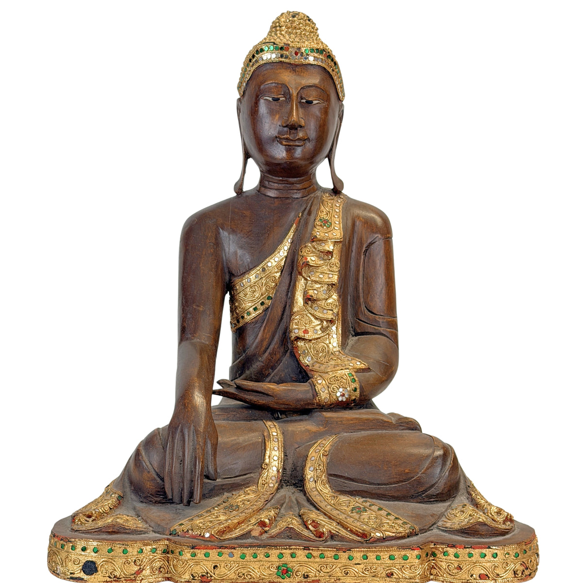 Antieke Birmaanse Mandalay Boeddha van hout in Bhumisparsha mudra, vooraanzicht