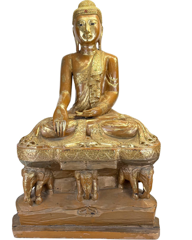 95 cm Groot Monumentaal Houten Boeddha Birma | 32 kg | ingelegde Ogen
