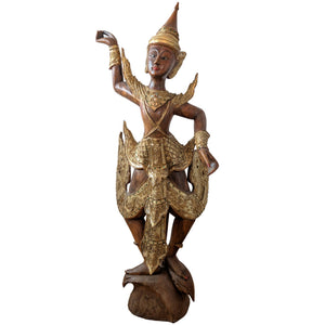 Grote Handgesneden Birmese Kinnara – Verguld Hardhout & Glas-inleg – 112 cm