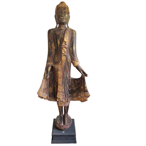 Antieke Birmese Staande Boeddha – Monumentaal Tempelbeeld in Teakhout (166 cm)
