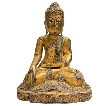 Exclusieve antieke Birmese teakhouten Mandalay Boeddha in Bhumisparsha mudra, hoogwaardige sacrale kunst en Aziatische antiquiteiten voor een luxe interieur.