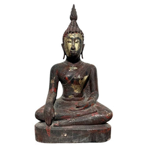 Antieke Boeddha uit Birma - Teakhout & Bladgoud - 29cm