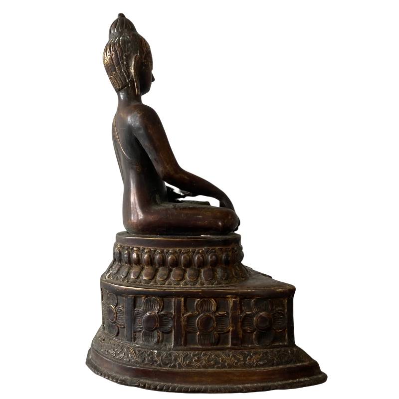 Antieke Himalaya bronzen Boeddha met gelaagde patina en mineralisatie, dhyana mudra