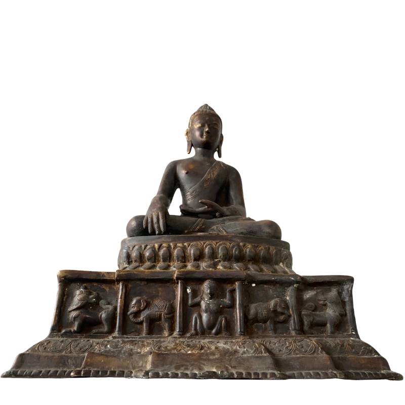 Antieke Himalaya bronzen Boeddha met resten van vergulding, mustang, nepal