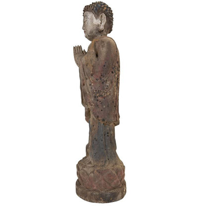Antieke Boeddha hout met polychromie en craquelé oppervlak
