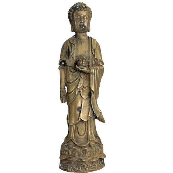Antieke Bronzen Amitabha Boeddha met Lotusknop en Qing Merkteken onder.