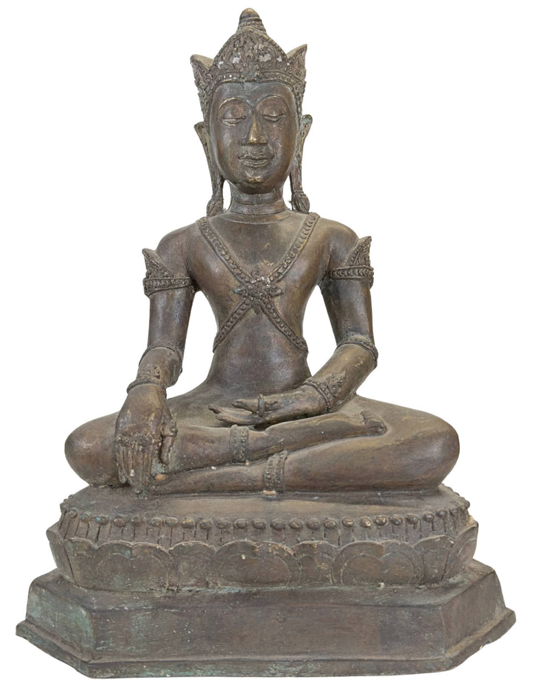 Antiek Bronzen Gekroonde Boeddha, Thailand of Laos, 19e eeuw