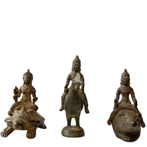 Antieke Zuid-Indiase Bronzen Beelden Set - Vishnu Kurma, Murugan & Ganesha - ca. 1900
