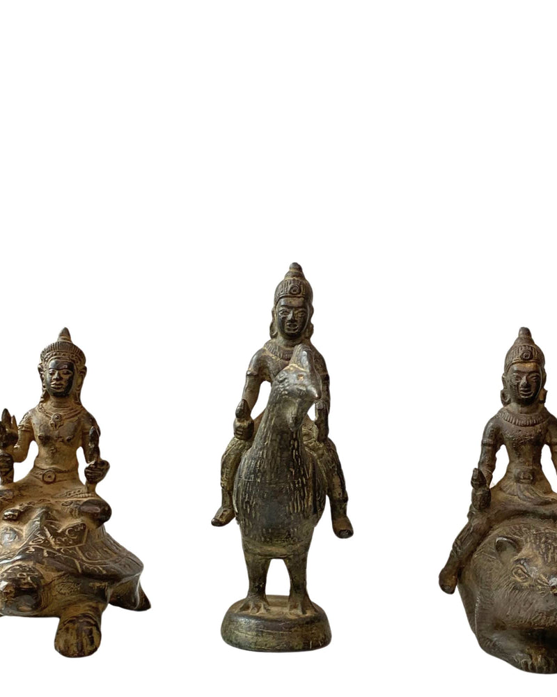Antieke Zuid-Indiase Bronzen Beelden Set - Vishnu Kurma, Murugan & Ganesha - ca. 1900