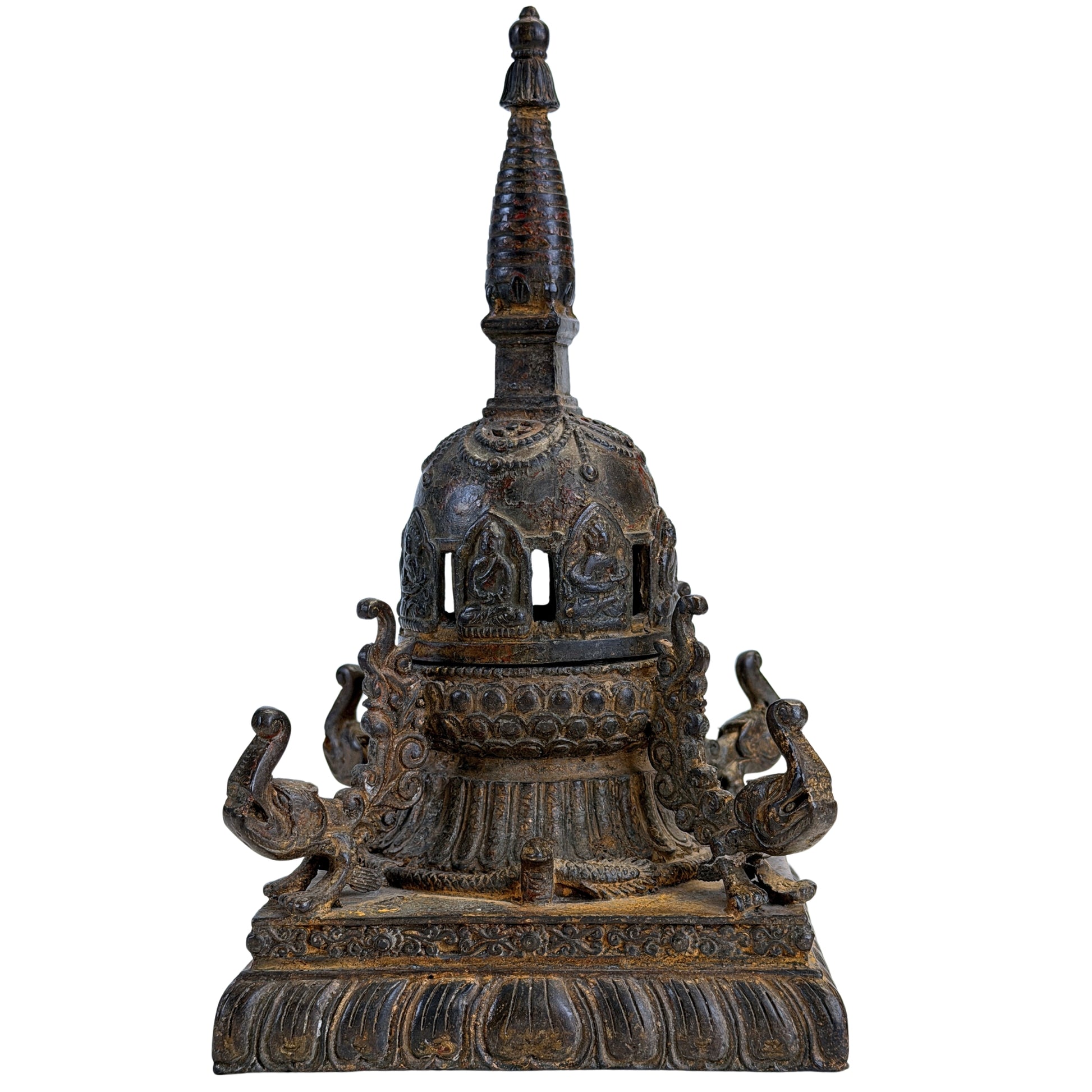 Antieke bronzen stupa-wierookbrander uit Nepal – achteraanzicht