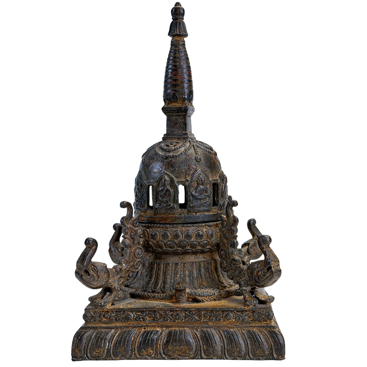 Antieke bronzen stupa-wierookbrander uit Nepal – achteraanzicht