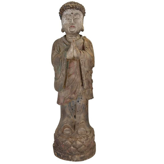 Antiek Chinees houten Boeddhabeeld in Anjali mudra uit de Qing-periode