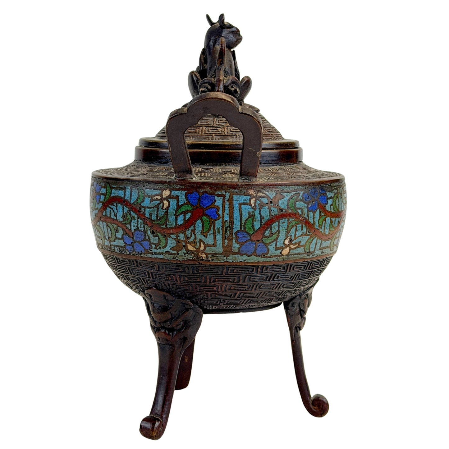 Chinese tripod censer van brons met florale emailleband en drie poten