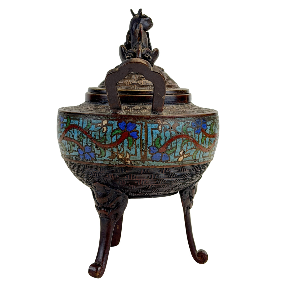 Chinese tripod censer van brons met florale emailleband en drie poten