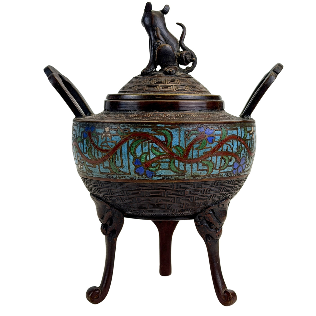 Antieke Chinese bronzen wierookbrander met emaille vanuit zijaanzicht