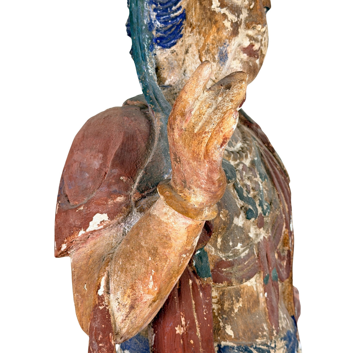 Detail van opgeheven hand en arm van antieke Chinese Guanyin
