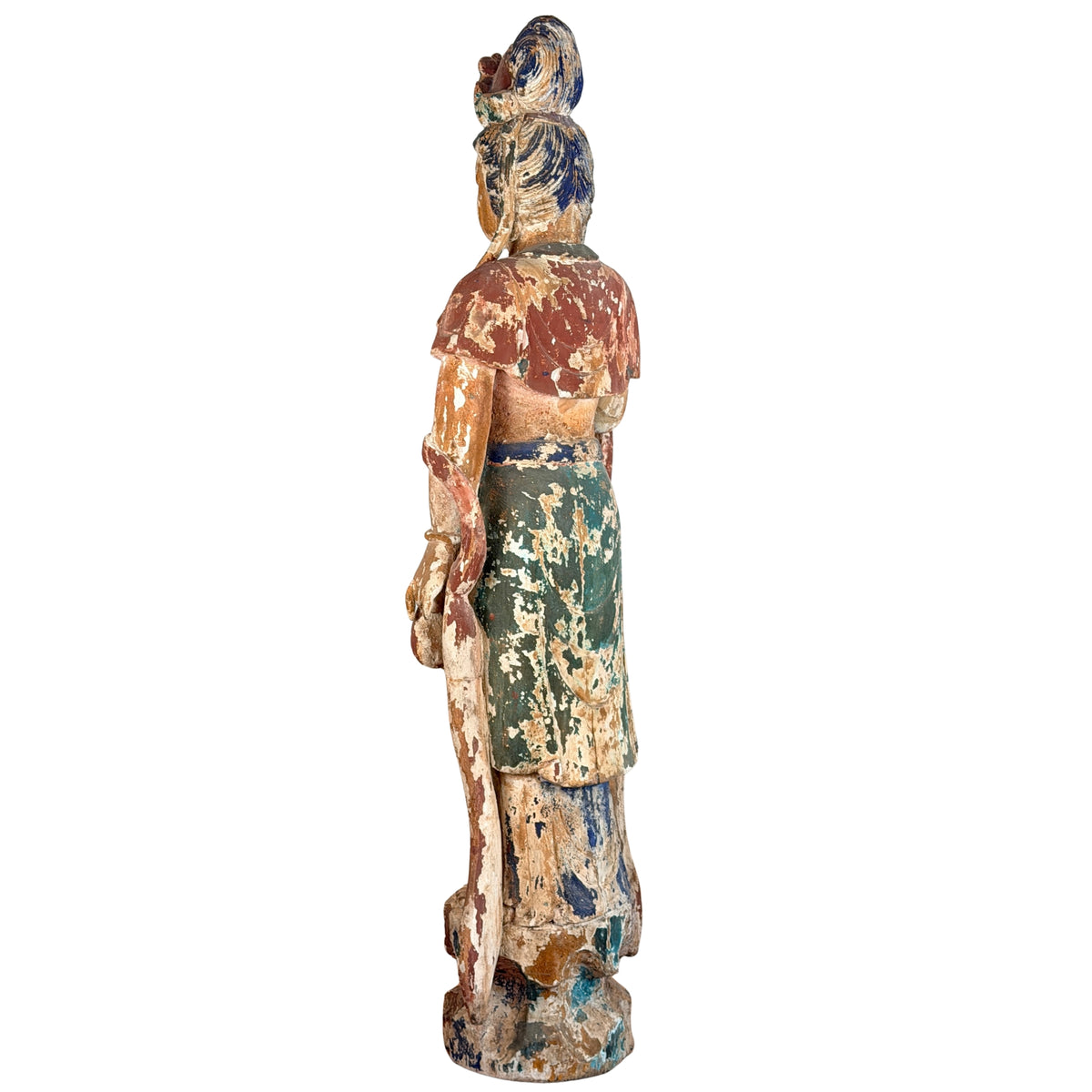Zijaanzicht van opgeheven hand in mudra van antieke Chinese Guanyin