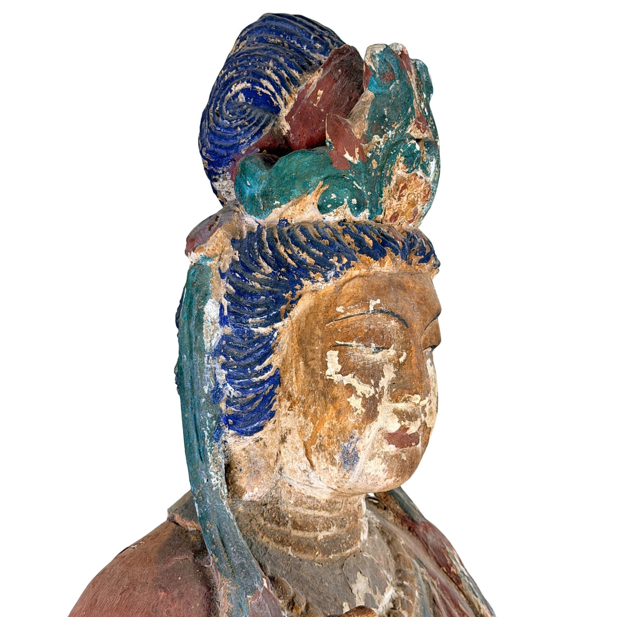 Linker profiel van gezicht en hoofdtooi van antieke Chinese Guanyin